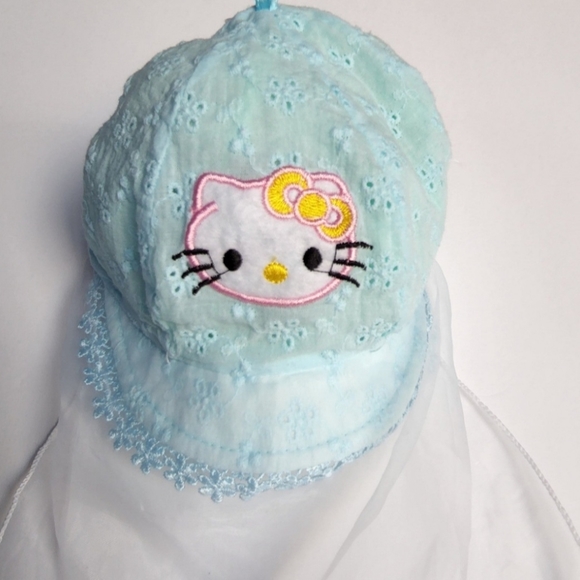 Hello Kitty Aqua Eyelet Baby Sun Hat With Hanging Sheer Veil   0-6 Months** - Picture 4 of 11